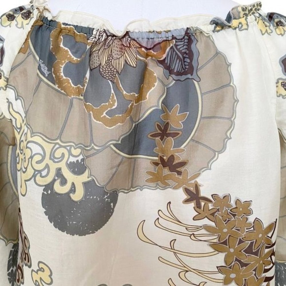Hale Bob Cabana Peasant Blouse in Taupe Gray and Yellow Size Medium NWOT - Picture 5 of 7